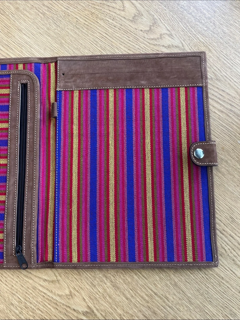 Striped Fabric and Leather Snap-Closure Portfolio